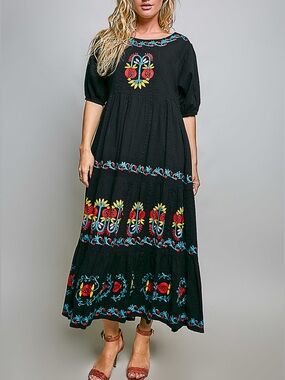 Puffed Sleeves Round Neck Embroidered
Cotton Long Dress